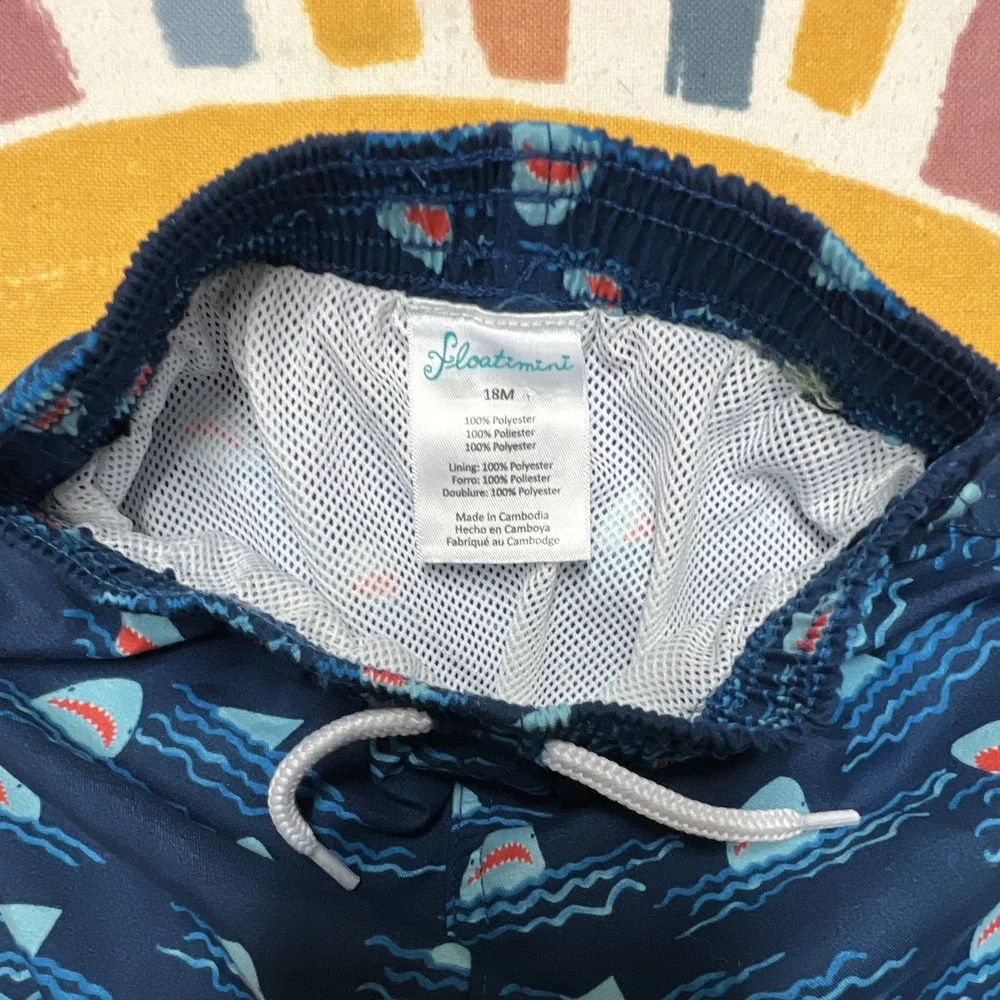 Floatimini Boys Swim Trunks Blue Shark Print Drawstring Polyester Size 18M k31.2